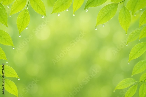 Bright green leaves holding drops of water creating a natural frame with a soft, blurred background, perfect for conveying freshness, nature, and springtime themes