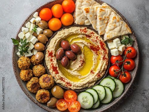 Vibrant Mediterranean appetizer platter featu creamy hummus topped with olive oil and paprika garnished with fresh vegetables pita bread falafel and assorted olives