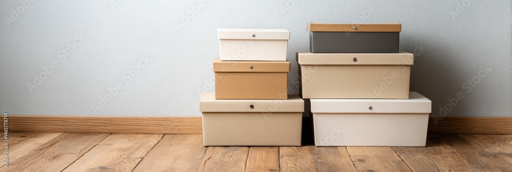 Stacked Storage Boxes Arranged Neatly on Wooden Floor With Blank Wall Space for Decoration or Organization Generative AI Stacked Storage Boxes Arranged Neatly on Wooden Floor With Blank Wall Space for Decoration or Organization Generative AI