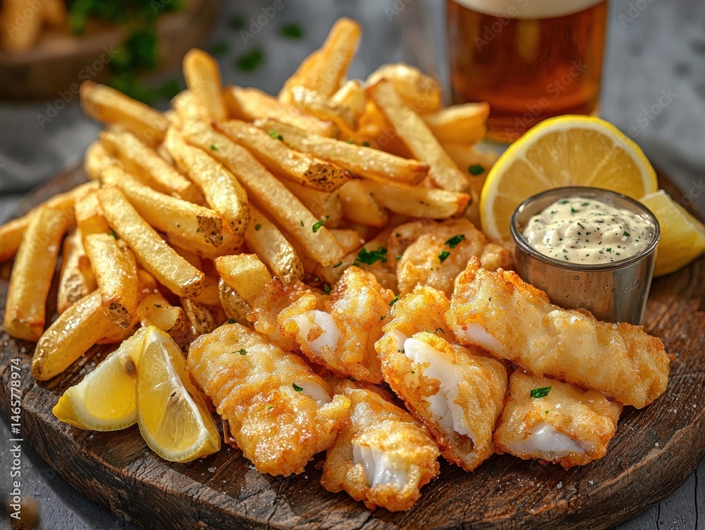 Crispy golden battered fish fillets served with thick cut French fries lemon wedges and tartar sauce on a rustic wooden platter for a hearty seafood meal Crispy golden battered fish fillets served with thick cut French fries lemon wedges and tartar sauce on a rustic wooden platter for a hearty seafood meal