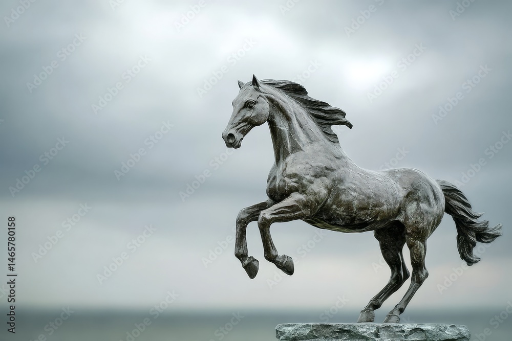 Naklejka premium Dynamic bronze sculpture of a galloping steed.