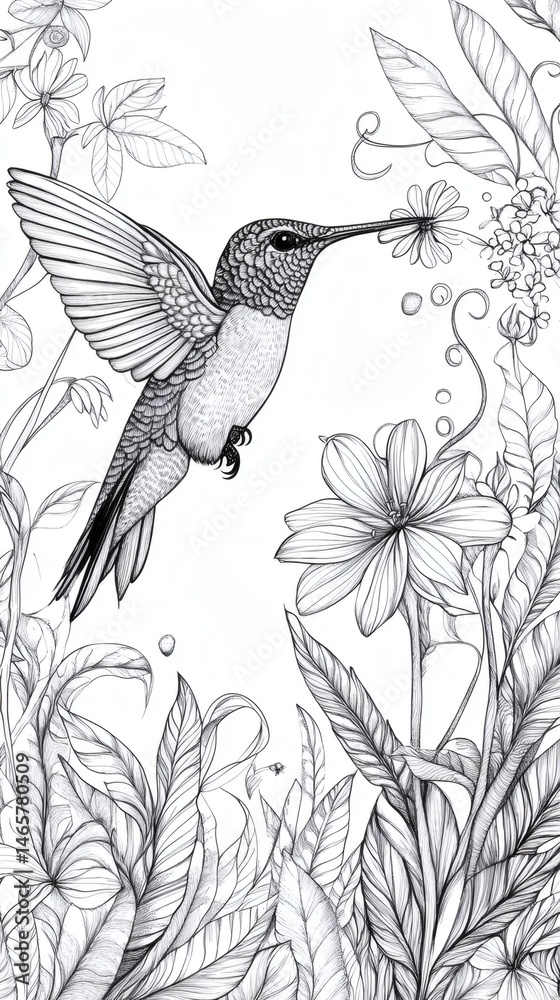 Obraz premium Detailed line art of hummingbird with flower drawing for coloring page design illustration and nature art