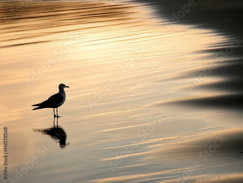 Solitary Seagull at Sunset Beach