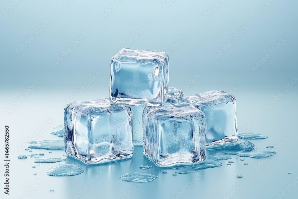 Clear ice cubes, water droplets Clear ice cubes, water droplets