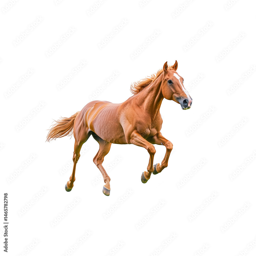 Fototapeta premium Majestic brown horse gallops energetically with its mane flowing, showcasing strength and grace. horse muscular build and dynamic movement are captured against plain background