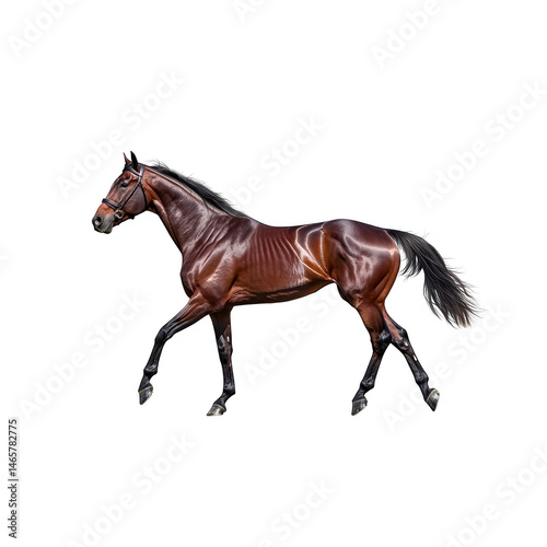 Sleek, brown horse with shiny coat is captured in mid stride, showcasing its muscular build and graceful movement. horse mane flows as it trots energetically