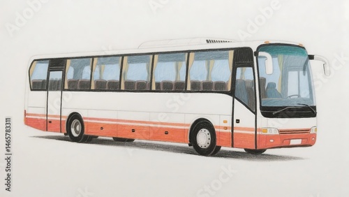 Car drawing of a white and orange bus, perfect for travel company logos, transportationthemed illustrations, and school busrelated designs. photo