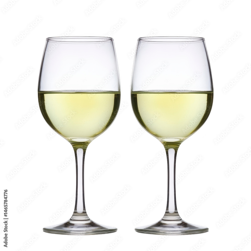 Two elegant wine glasses filled with white wine stand side by side, showcasing clear and sophisticated design perfect for refined dining experience Two elegant wine glasses filled with white wine stand side by side, showcasing clear and sophisticated design perfect for refined dining experience