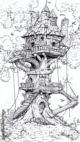 Wallpaper Mural Detailed treehouse illustration for coloring pages and fantasy art, outline sketch of whimsical architecture Torontodigital.ca
