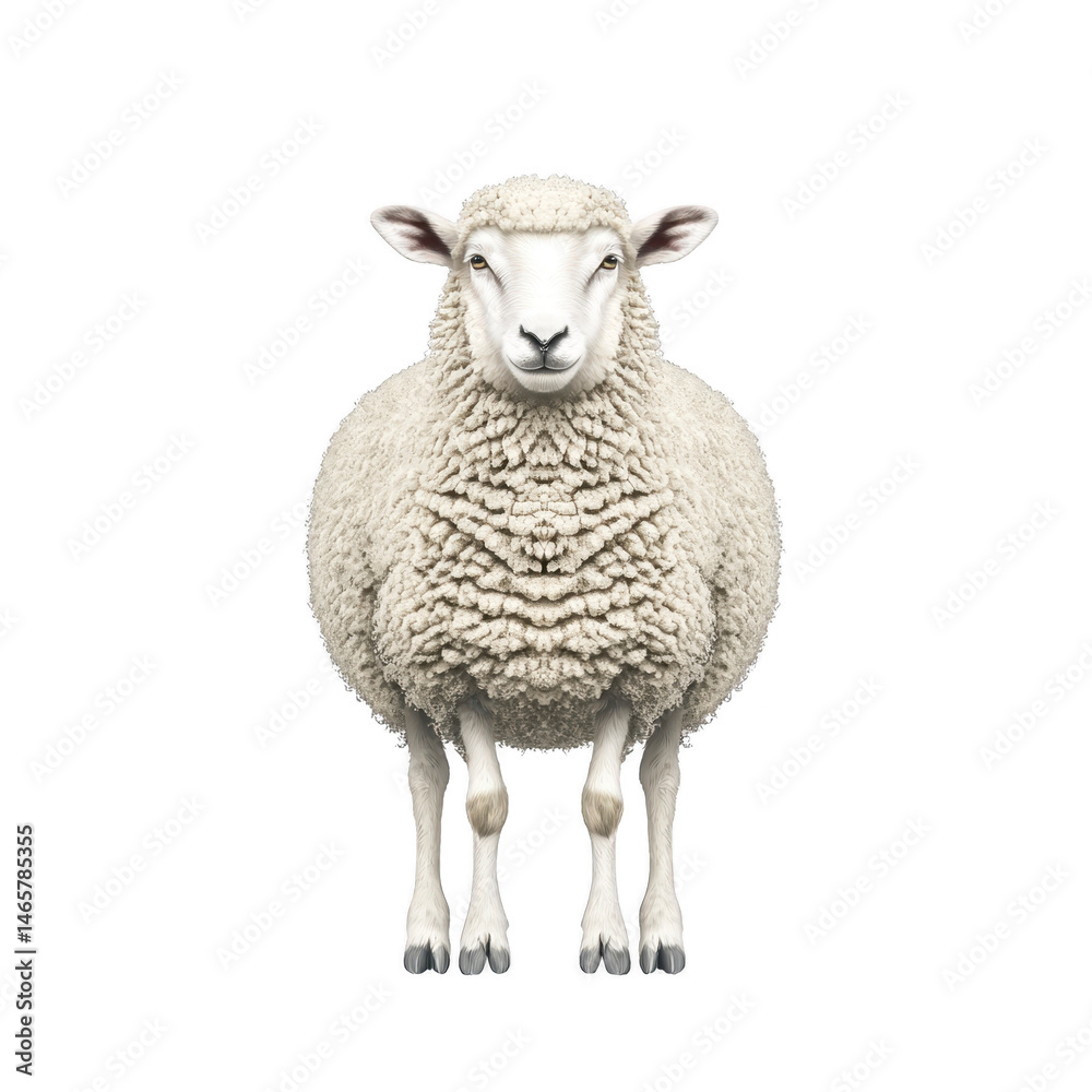 Obraz premium Fluffy white sheep stands facing forward against plain background, showcasing its thick wool and calm demeanor. image highlights texture of wool and sheep gentle expression