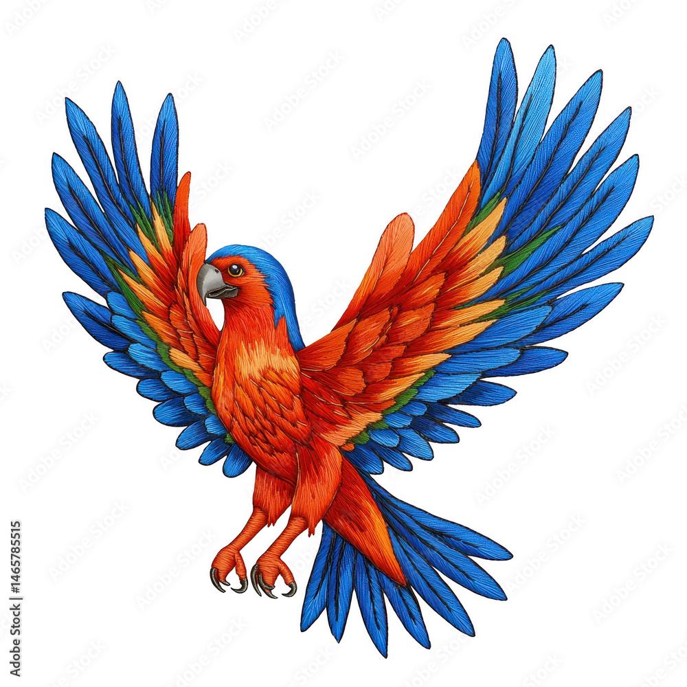 Obraz premium Vibrant illustration of colorful parrot with outstretched wings, showcasing bright blue, orange, and red feathers in dynamic pose. detailed artwork captures bird lively essence