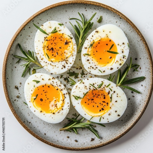 Delicious soft-boiled eggs garnished with fresh rosemary and black pepper served on a rustic ceramic plate for breakfast or brunch
