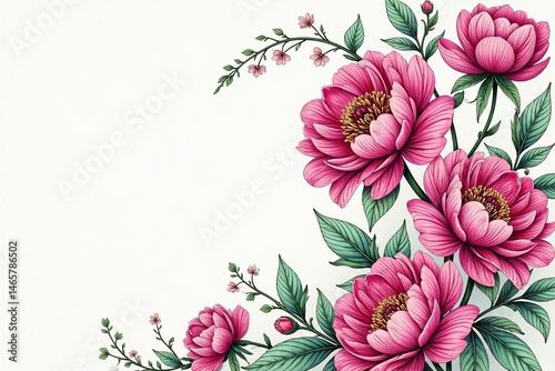 Intricate line art peony blossoms & vines, continuous floral motif, floral, wallpaper, patterned