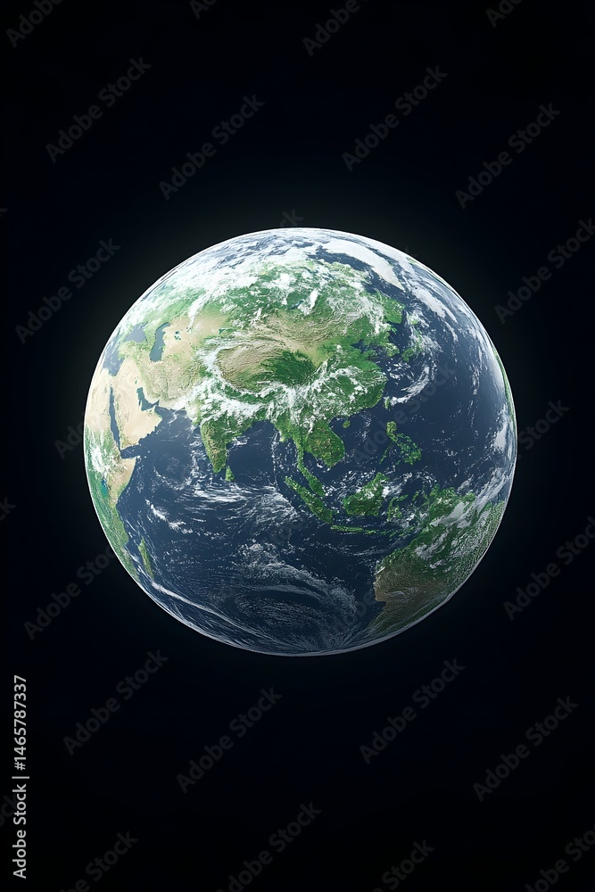 Fototapeta premium A detailed, realistic depiction of Earth, showcasing Asia, and surrounding oceans against a black backdrop