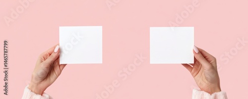 Two hands holding separate blank white square cards against a soft pink background with cozy sweater sleeves visible, evoking simplicity and calm
