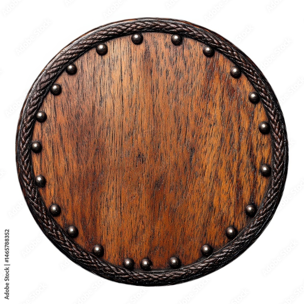 Fototapeta premium Wooden shield with metal accents isolated on white background