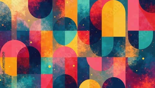 Simple geometric shapes repeat in a vibrant color scheme , fabric, orderly, abstract