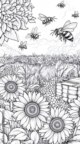 Detailed line art of sunflowers and flying insects in a field with a beehive for coloring pages