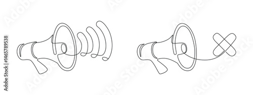 Mute Loudspeaker and sound in one continuous line drawing. No audio and music symbol in simple linear style. Noise Forbidden and permitted sign. Monoline vector illustration