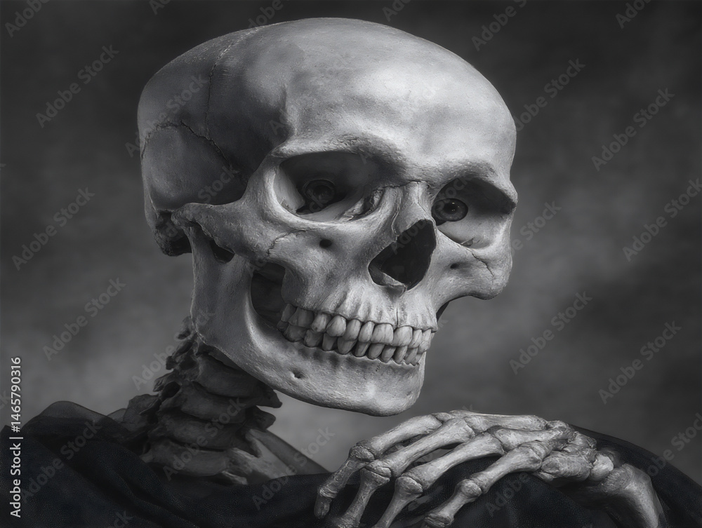 a photograph of a skeleton with its skull tilted down and arms crossed, conveying sadness against a soft, blurry background. the melancholic skeleton. a photograph of a skeleton with its skull tilted down and arms crossed, conveying sadness against a soft, blurry background. the melancholic skeleton.