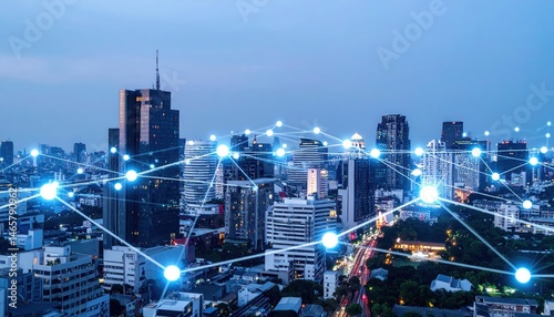 Modern cityscape with connected digital network overlay representing smart technology infrastructure and urban connectivity in a bustling metropolitan environment