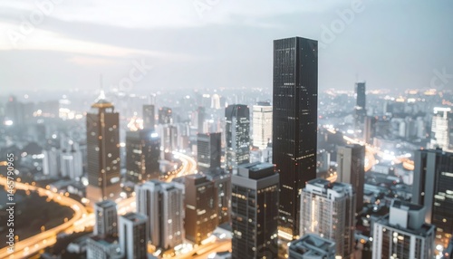 Modern urban skyline featu a tall black skyscraper amidst a dense cityscape with illuminated streets and a hazy sky at dusk in a bustling metropolitan area