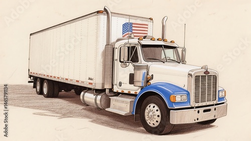 The title of this microstock asset is Car drawing of a white semitrailer truck with an American flag on the side. This asset is suitable for patriotic designs and transportationthemed projects. photo