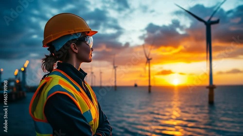 Female Engineer Overseeing Offshore Wind Farm at Sunset: Renewable Energy and Sustainability