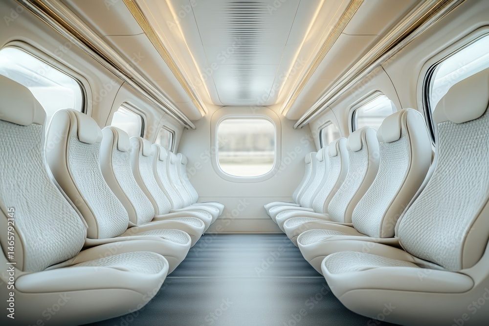 Fototapeta premium Modern train interior with rows of pristine white leather seats, offering a luxurious and comfortable passenger experience.