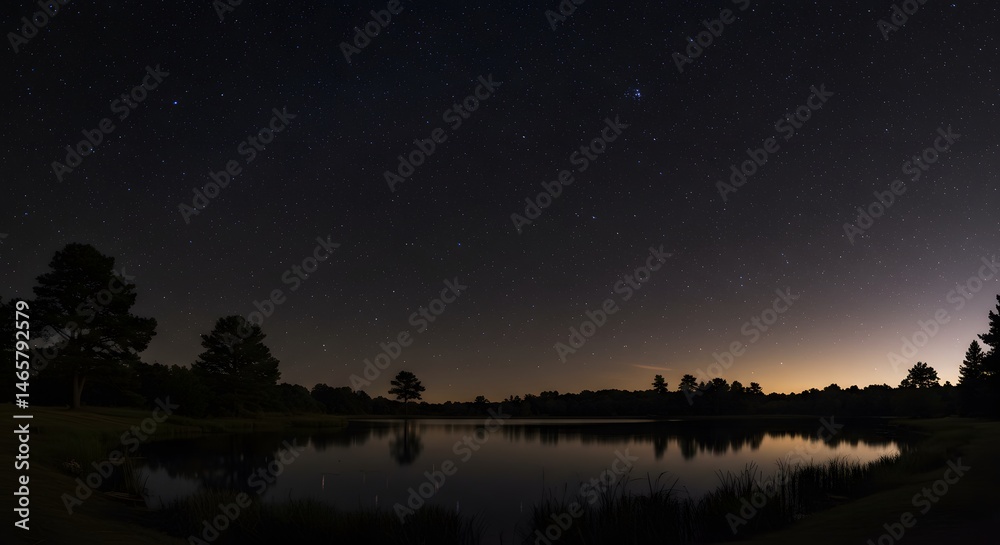 Naklejka premium Starry Night Sky Reflecting Over Still Lake with Trees