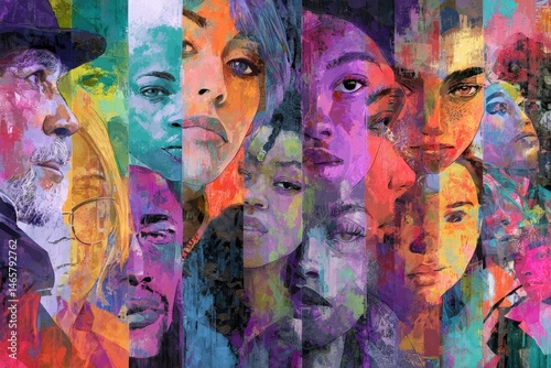 Vibrant collage of diverse faces art.