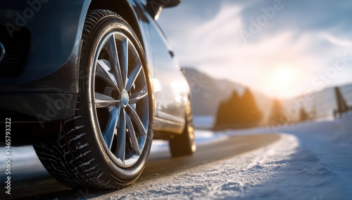Car driving on snowy road during sunrise.