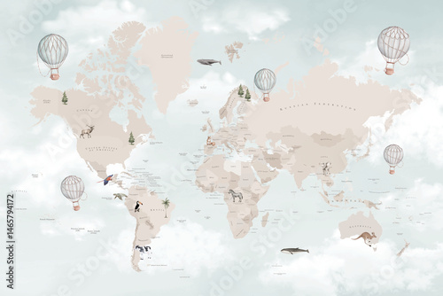 Fototapeta Naklejka Na Ścianę i Meble -  Soft Pastel World Map Illustration with Hot Air Balloons, Gentle Travel and Adventure Design for Prints