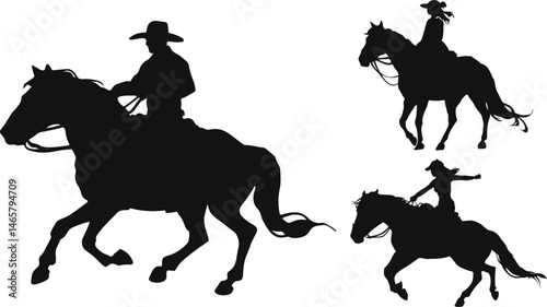 Silhouettes of people riding horses, showcasing different poses and actions