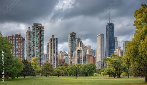 Fototapeta Naklejka Na Ścianę i Meble -  Dramatic skyline view of a modern city under cloudy skies.