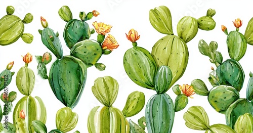 Vibrant watercolor cacti with yellow blossoms on a white backdrop.
