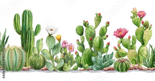 Variety of colorful cacti and succulents on white background.
