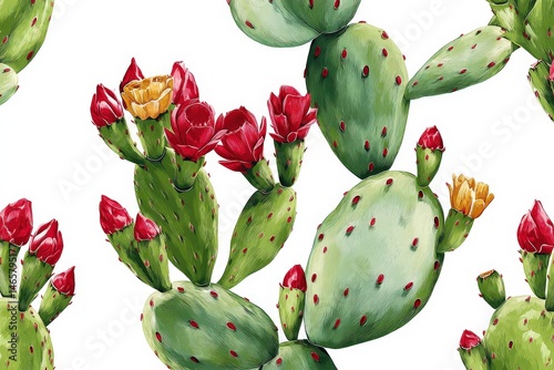 Vibrant cactus with red and yellow flowers on a white background.
