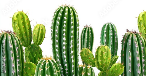 Various cacti with sharp spikes and vibrant green hues.