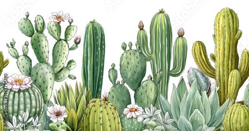 Variety of artistic green cacti and succulents.