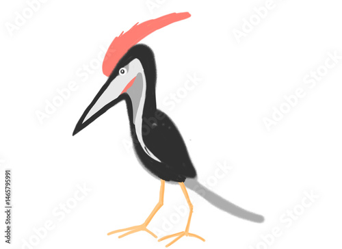 A fun cartoon woodpecker drawn with crayons, featuring bright colors and playful details, designed to inspire kids’ creativity and interest in nature.


