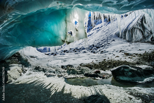 interior entrance of the Morteratsch Glacier Ice Caves, Switzerland, Europe  photo