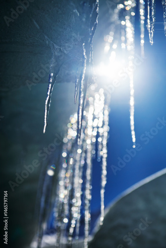 close up of icicles forming around the exterior of the. Morteratsch Glacier Ice Caves, Switzerland, Europe 