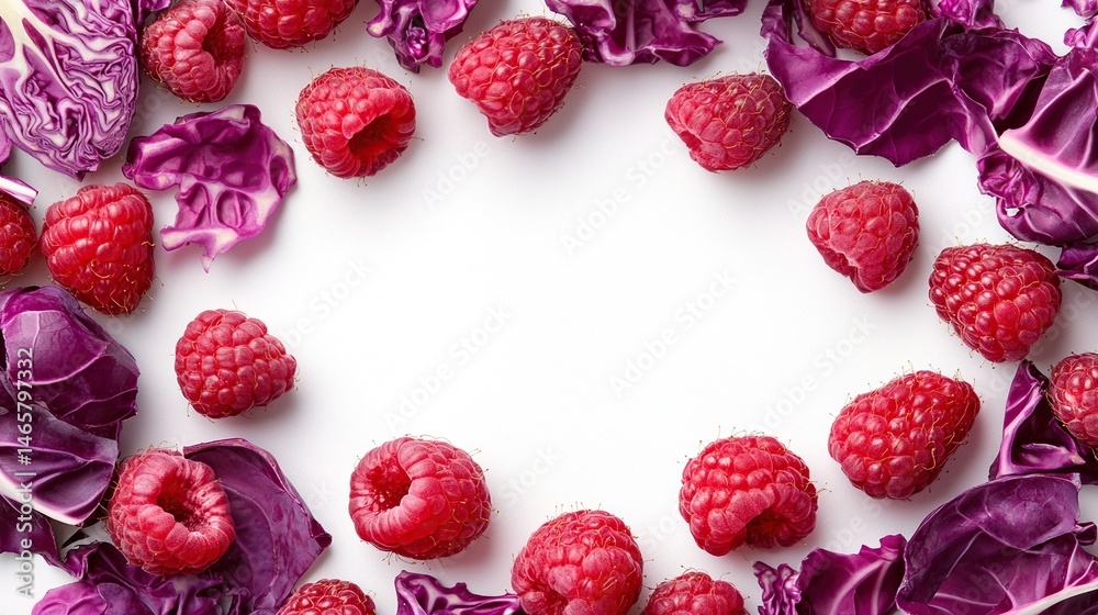 Fresh raspberries and red cabbage arranged in a circle on a white background Fresh raspberries and red cabbage arranged in a circle on a white background