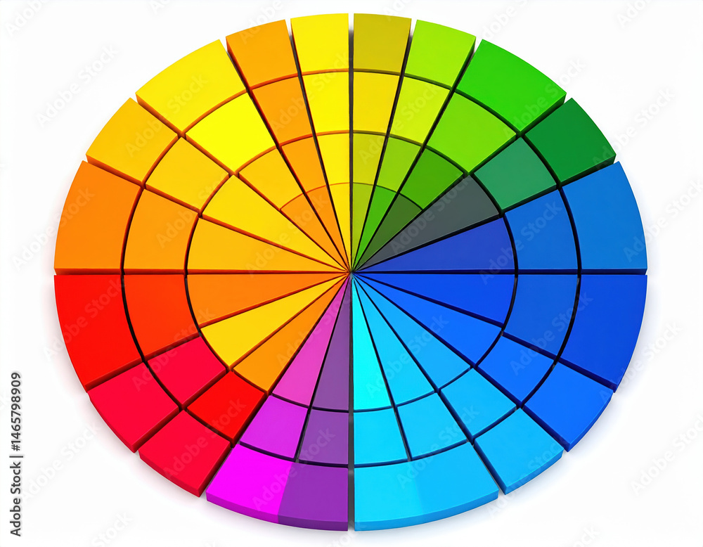 Vibrant color palette chart featuring circular blocks arranged spectrum of colors white background, showcasing high fidelity