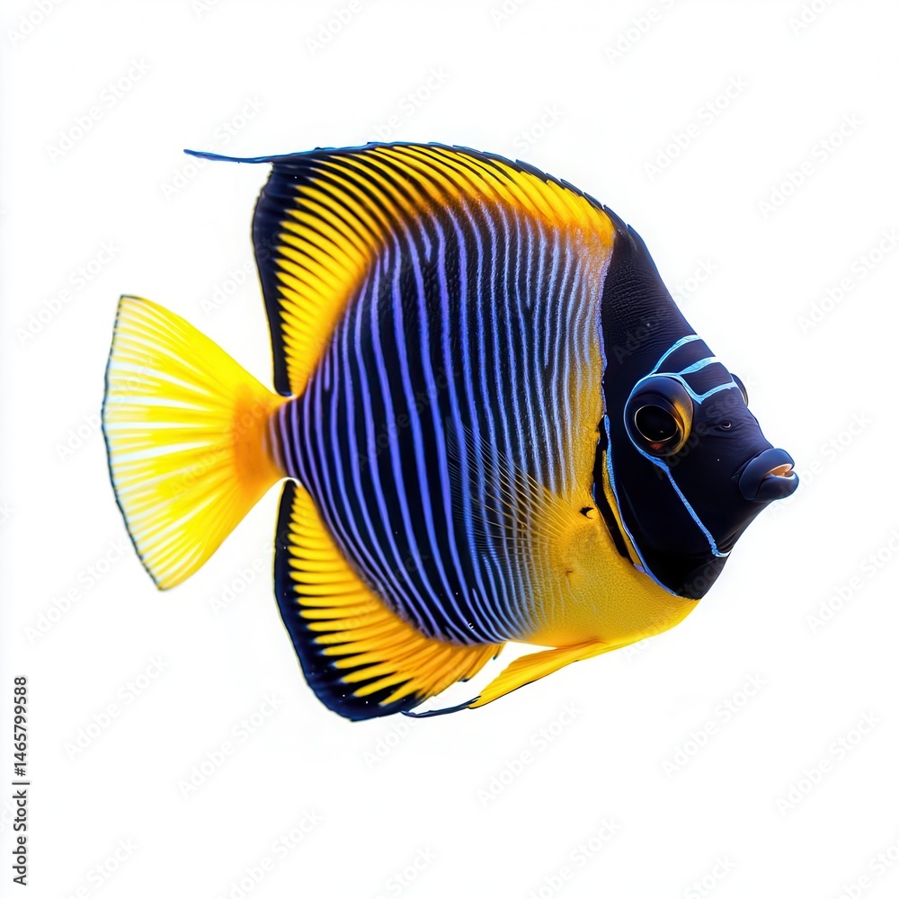 Naklejka premium Vivid Blue Yellow Tang Fish on Pristine White Backdrop