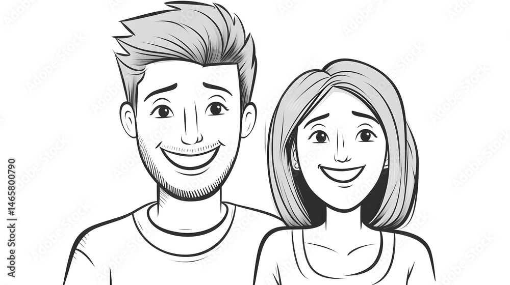 Professional hand-drawn illustration of a smiling man and woman posing for a photo together Professional hand-drawn illustration of a smiling man and woman posing for a photo together