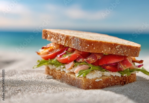Delicious sandwich on a sandy beach with a picturesque ocean backdrop.
