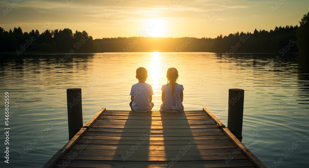 Naklejka premium Children Sitting on Dock Watching Sunset Over Lake Waters