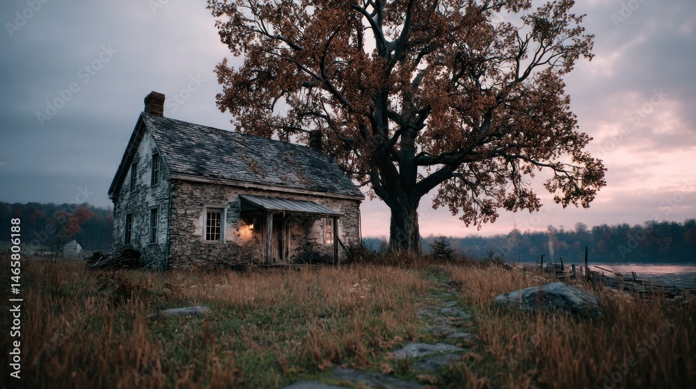 Obraz premium Cozy Cottage in Autumn A Rustic Home Nestled Amongst Nature with Warm Lights and a Majestic Tr